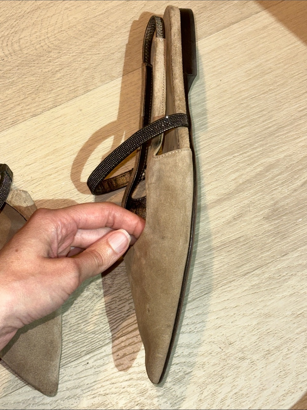 Brunello Cucinelli Taupe Pointed-Toe Slingback Mules with Monili Strap - Picture 7 of 13